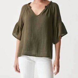 Michael Stars Savannah Flutter Sleeve Top, Small, Olive, Gauze